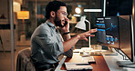 Man, computer screen and phone call for trading, charts and stock market review at night. Person, smartphone and explain with graphs, talk and consultation with investment portfolio in dark office