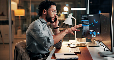Buy stock photo Man, computer screen and phone call for trading, charts and stock market review at night. Person, smartphone and explain with graphs, talk and consultation with investment portfolio in dark office