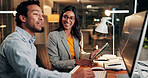 Tablet, computer and business people in office at night with deadline for finance report with discussion. Collaboration, overtime and team of financial advisors with investment proposal in workplace.