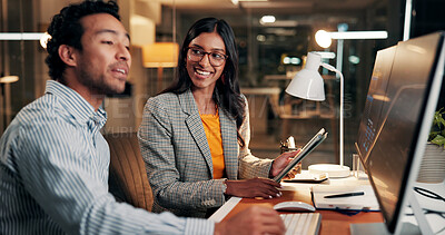 Buy stock photo Tablet, computer and business people in office at night with deadline for finance report with discussion. Collaboration, overtime and team of financial advisors with investment proposal in workplace.