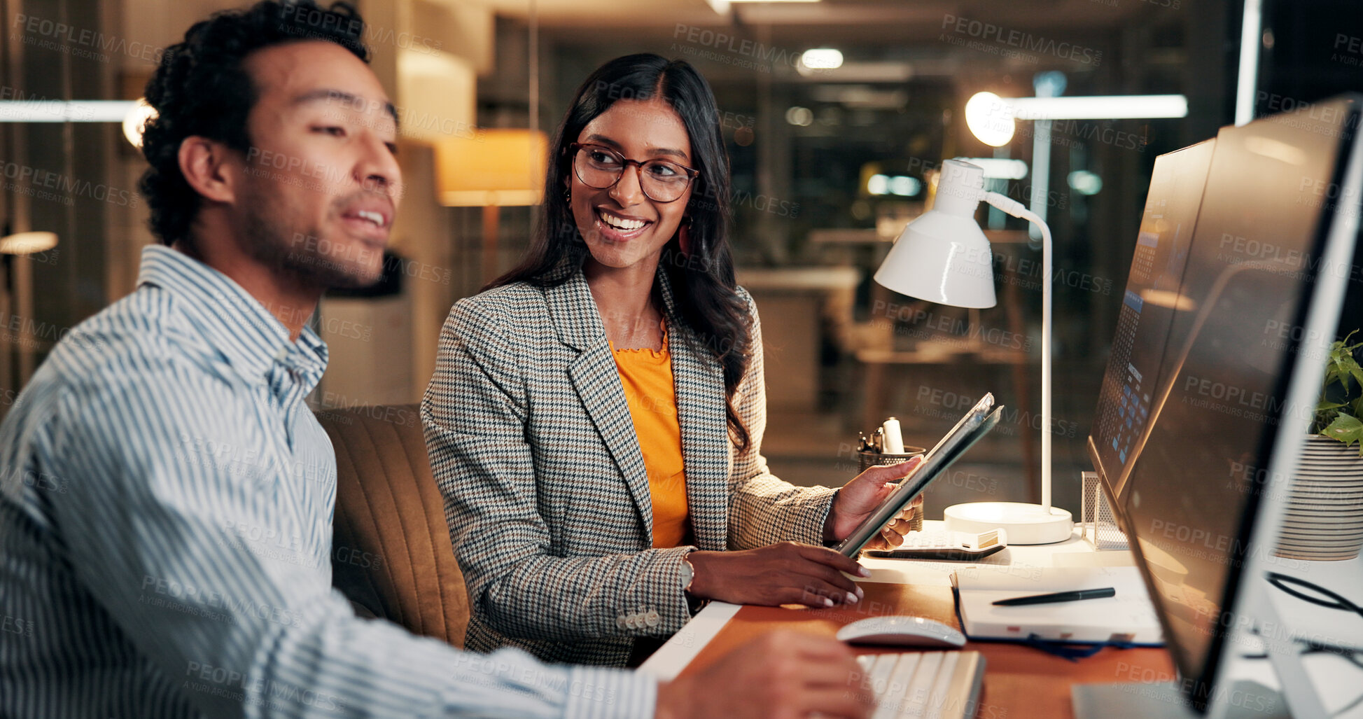 Buy stock photo Tablet, computer and business people in office at night with deadline for finance report with discussion. Collaboration, overtime and team of financial advisors with investment proposal in workplace.