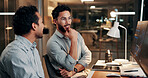 Collaboration, computer and business men in office at night with deadline for finance report. Discussion, overtime and team of financial advisors with planning for investment proposal in workplace
