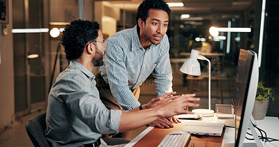 Buy stock photo Men, trading team and discussion with computer, insight and point for stock market review at night in office. People, partnership and strategy with monitor, overtime or talk at charts for investment