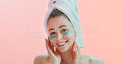 Buy stock photo Portrait, skincare or happy woman with eye patches in studio, reduce dark circles or mockup space. Smile, hydration or person with facial mask for dermatology, self care treatment or pink background