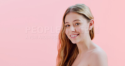 Buy stock photo Portrait, skincare and woman in studio, dermatology and smooth skin on pink background. Space, shine and person with wellness, grooming and aesthetic with glow, cosmetics and makeup with beauty