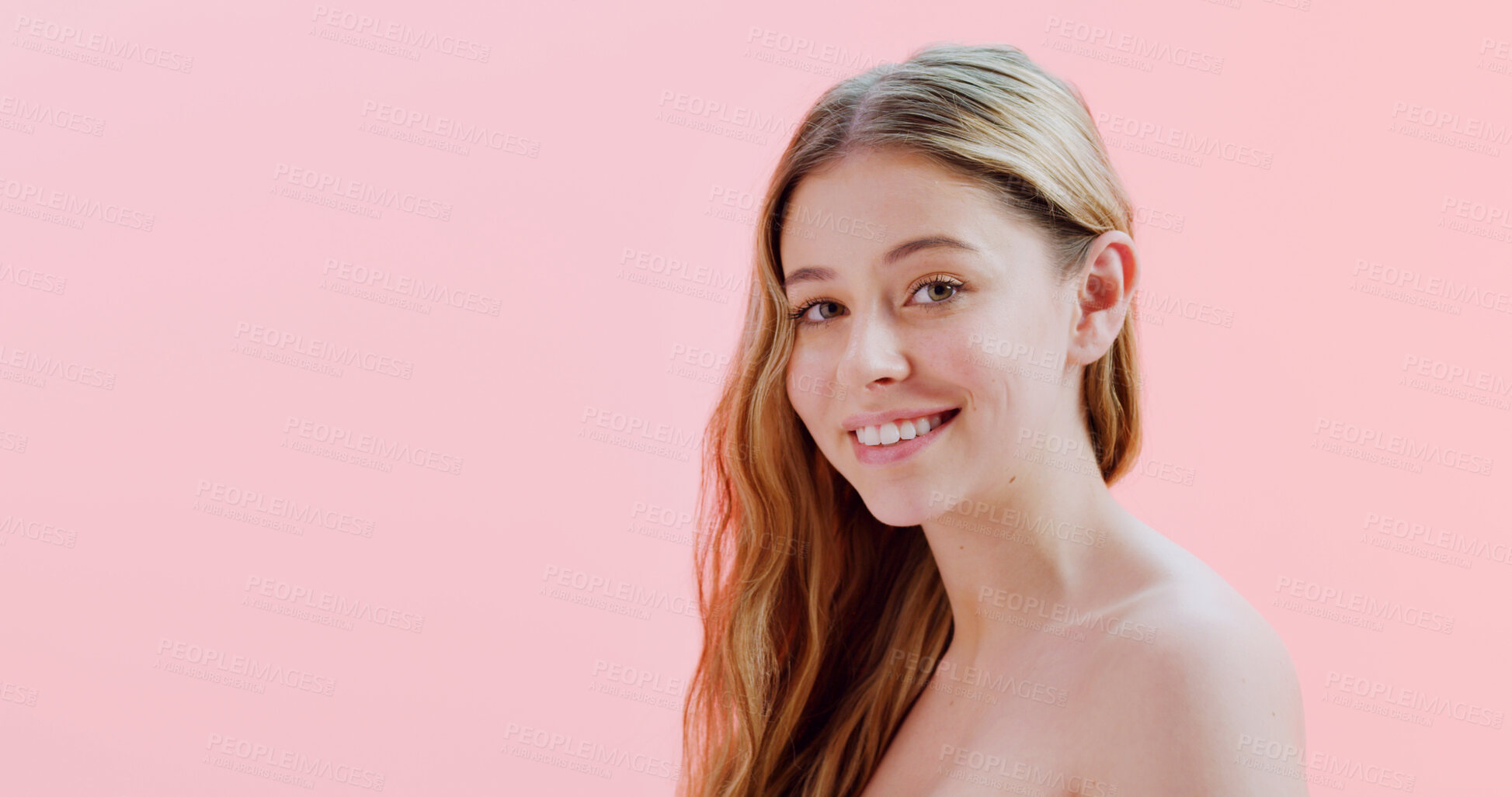 Buy stock photo Portrait, skincare and woman in studio, dermatology and smooth skin on pink background. Space, shine and person with wellness, grooming and aesthetic with glow, cosmetics and makeup with beauty