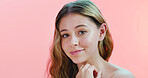 Portrait, skincare and woman in studio, shine and healthy skin on pink background. Space, dermatology and person with wellness, beauty and aesthetic with glow, cosmetics and confidence with treatment