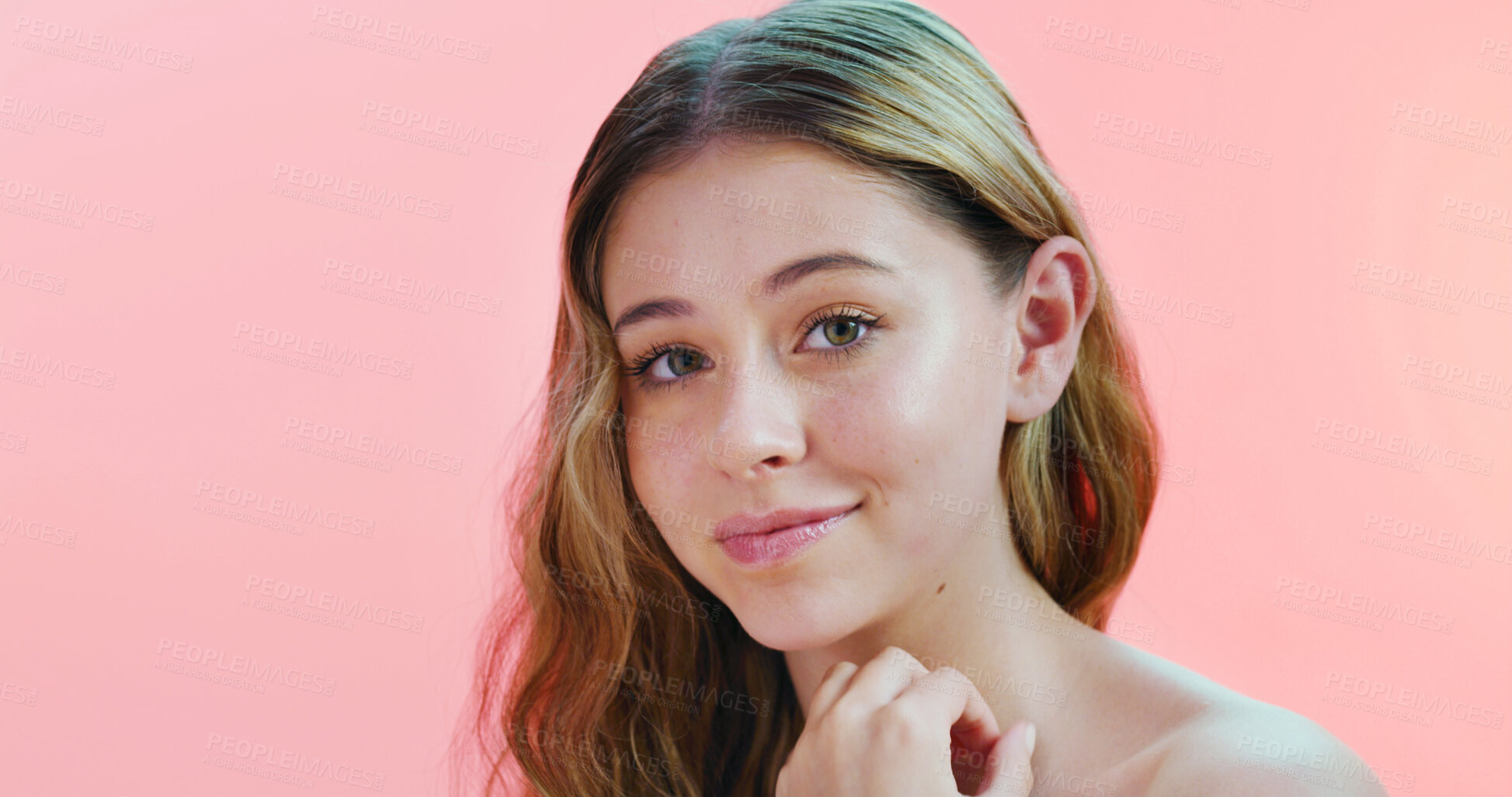 Buy stock photo Portrait, skincare and woman in studio, shine and healthy skin on pink background. Space, dermatology and person with wellness, beauty and aesthetic with glow, cosmetics and confidence with treatment