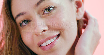 Buy stock photo Portrait, shine and woman in studio, beauty and healthy skin on pink background. Happiness, skincare and person with wellness, grooming and aesthetic with glow, cosmetics and face with treatment