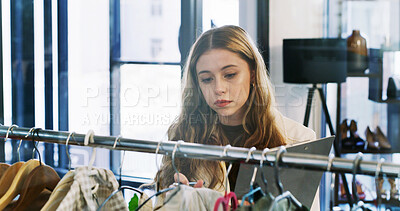 Buy stock photo Clothes, entrepreneur or woman with clipboard in store, inventory management or track retail demand. Stock, fashion or business owner with check for planning, monitor sales or apparel availability