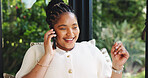 Phone call, smile and thinking with black woman in home living room for chatting or conversation. Communication, mobile and relax with happy African person in apartment sunroom for break or contact