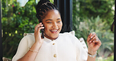 Buy stock photo Phone call, smile and thinking with black woman in home living room for chatting or conversation. Communication, mobile and relax with happy African person in apartment sunroom for break or contact