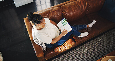 Buy stock photo Above, black woman and writing with notebook in living room for planning, schedule or checklist. Home, thinking and journal of freelancer for remote work, copywriting or ideas for article editor