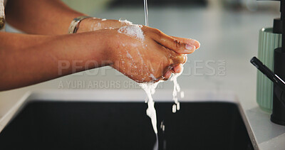 Buy stock photo Person, hands and washing with water splash in kitchen for hygiene or disinfection in home. Closeup, rinse or cleaning germs with soap, tap or faucet in sink, basin or skin sanitization in house