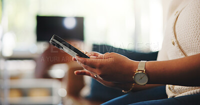 Buy stock photo Phone, hands and woman on sofa for online chatting, social media and internet for weekend in home. Relax, apartment and person on smartphone for website, connection and communication in living room