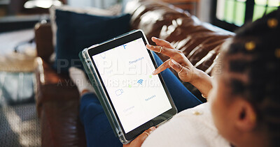 Buy stock photo Smart home app, online and hands with tablet screen for scroll, checking security or system on web. Browsing, settings and person with tech for safety in living room for automation and dashboard view