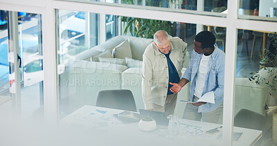 Buy stock photo Business men, laptop and discussion with paperwork for brand analysis, advertising or training. Documents, computer and above team meeting in office for campaign mentorship, graphs and strategy