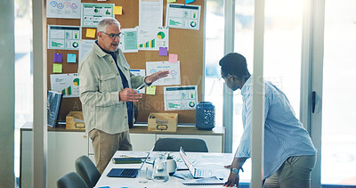 Buy stock photo Businessmen, documents and meeting with pinboard for analytics or performance review in office. Men, employees or creative team with paperwork on board for project planning or statistics in workplace