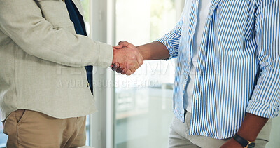 Buy stock photo Business people, handshake and meeting with agreement for deal, negotiation or welcome in office. Teamwork, employees or colleagues shaking hands with thank you for b2b or partnership in workplace