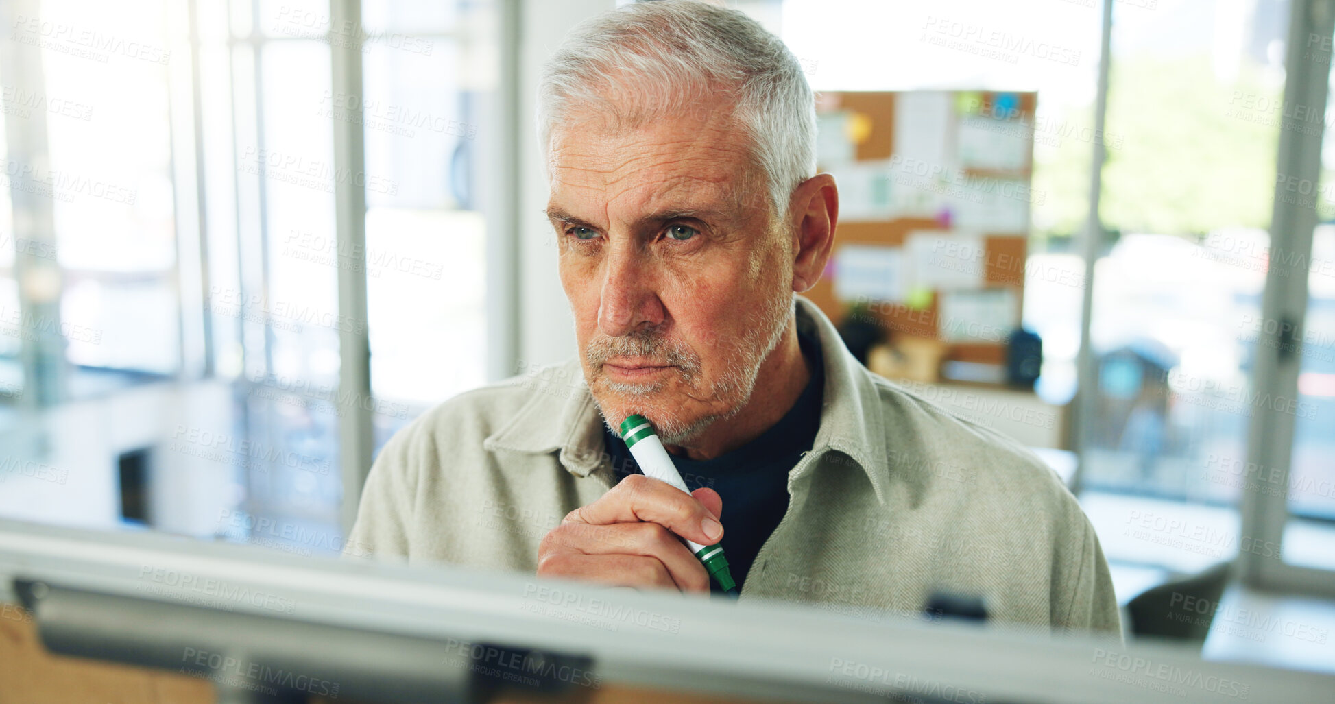 Buy stock photo Mature, businessman and thinking with board for project planning or brainstorming in office. Thoughtful man, CEO or creative executive with ideas for company agenda, tasks or vision in workplace