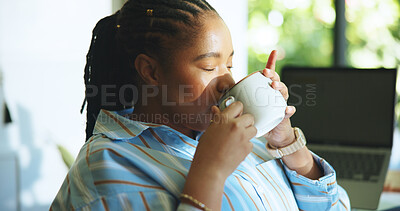 Buy stock photo Coffee, morning and black woman in home on break for calm, wellness and relax for remote work. Freelancer, apartment and person with drink, caffeine and beverage for rest, energy and start day