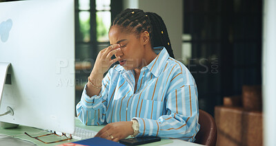 Buy stock photo Tired, headache and black woman in home for remote work, burnout and copywriter by computer. Migraine, stress and freelance person in house with fatigue, overworked or content writer with brain fog