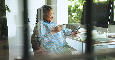 Buy stock photo Employee, coffee and woman with smartphone, office and journalist with positive comments for article. Happy, reporter and black person with mobile for good reviews on app, tea and reading in newsroom