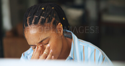 Buy stock photo Stress, headache and black woman in home for remote work, burnout and copywriter by computer. Migraine, tired and freelance person in house with fatigue, overworked or content writer with brain fog