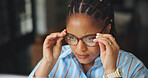 Reading, glasses or black woman in office with tech, draft edit or source feedback for article. Review, reflection or journalist in agency with specs, fact check or industry research for publication.
