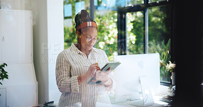 Buy stock photo Remote work, tablet and stylus with black woman in home office for web designer, research and planning. Blog developer, freelancer and homepage portfolio with person in apartment for online project