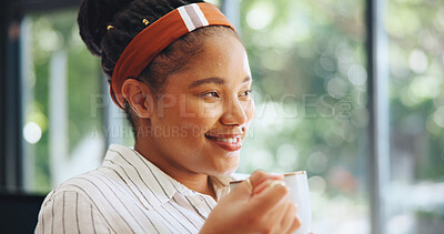Buy stock photo Coffee, smile and thinking with business black woman in office for break, planning or vision. Caffeine, cup and ideas with happy African employee drinking beverage in workplace for brainstorming