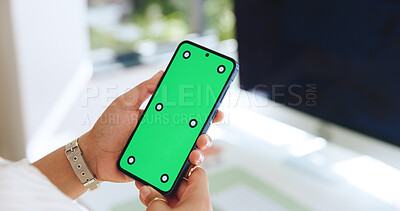 Buy stock photo Person, hands or phone with green screen in office for UI, UX and advertising or software testing. Closeup, employee or user with mobile tech display for digital design, VFX and mockup space for web