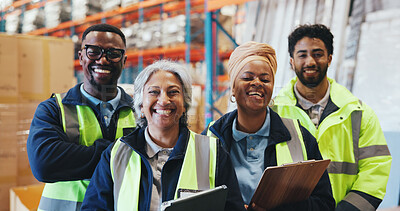 Buy stock photo Warehouse, team and portrait of happy people with logistics workers, supply chain or about us. Distribution, smile and group of employees in industry with pride, tablet or clipboard for collaboration