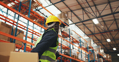 Buy stock photo Logistics, boxes and person with trolley in warehouse to transport stock, cargo shipping or delivery. Supply chain, back of worker and low angle for package, storage management or inventory export