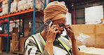 Warehouse, supervisor and woman with stress, phone call and talking with contact for shipping delay. Factory, distributer and black person with anxiety for distribution fail, mobile and supply chain