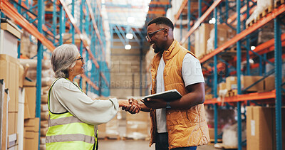 Buy stock photo Warehouse, handshake and people with tablet for logistics, distribution and agreement with supplier. Happy, team and shaking hands for success in factory, supply chain and celebration with gesture