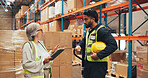 Supply chain, talking and people on tablet in warehouse for inspection, shipping and planning. Supervisor, distribution and workers in meeting for logistics, manufacturing and online inventory
