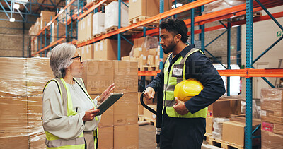 Buy stock photo Supply chain, talking and people on tablet in warehouse for inspection, shipping and planning. Supervisor, distribution and workers in meeting for logistics, manufacturing and online inventory