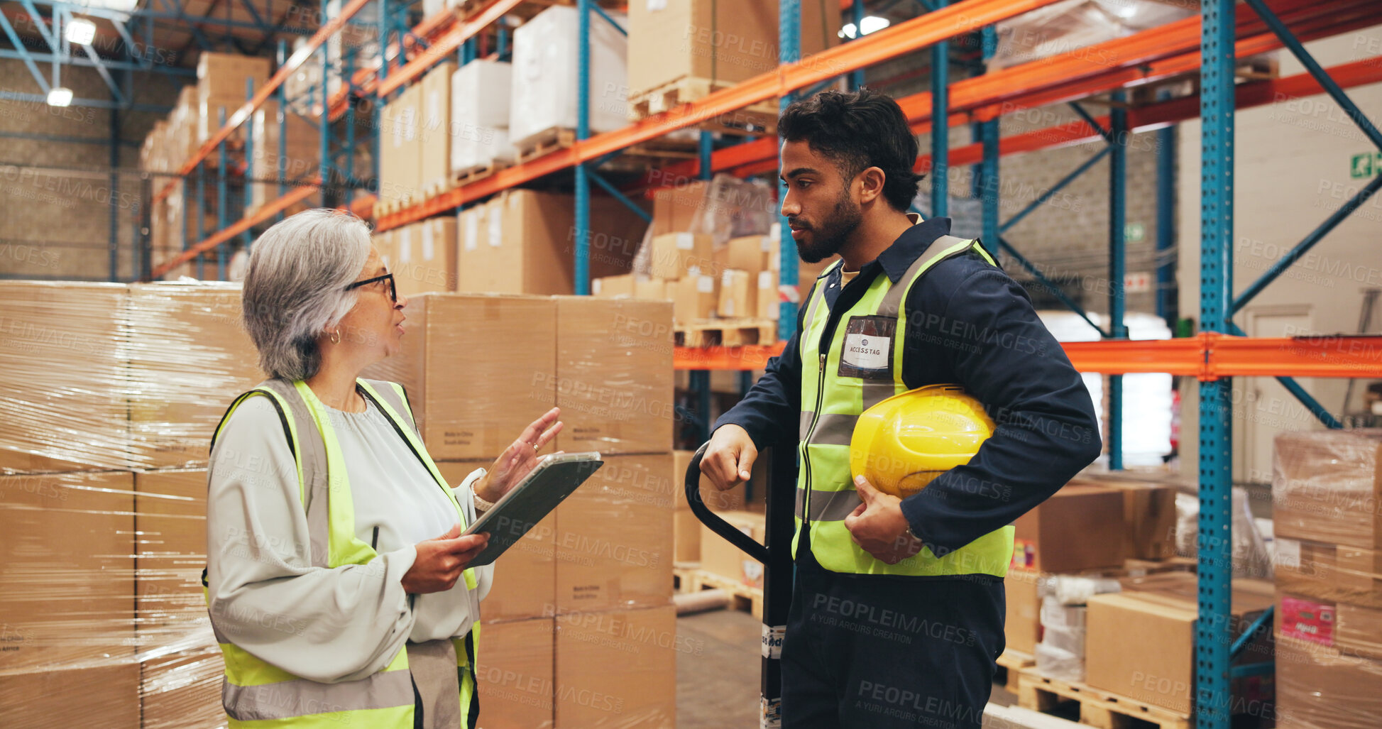 Buy stock photo Supply chain, talking and people on tablet in warehouse for inspection, shipping and planning. Supervisor, distribution and workers in meeting for logistics, manufacturing and online inventory