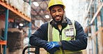 Portrait, smile and trolley with man in warehouse for delivery, distribution or shipping of goods. Boxes, logistics and shelves with happy person in aisle of supply chain depot for export or import