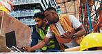 Business people, laptop and notebook in warehouse for supply chain, meeting for logistics collaboration. Import team, tech and documents in storage facility for export, delivery service or supplier