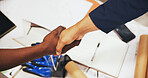 Above, handshake and people with agreement, documents and thank you with distribution deal. Closeup, shaking hands or employees in workplace, b2b proposal or contract for partnership or collaboration
