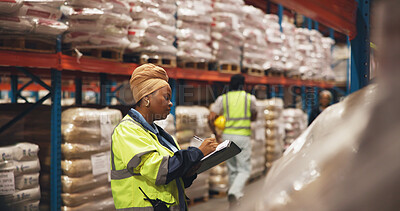 Buy stock photo Writing, clipboard and logistics with woman in warehouse for shipping checklist, supply chain and quality control. Export, inventory manager and ecommerce supplier with employee in factory for review