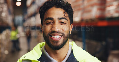 Buy stock photo Portrait, man and smile for logistics in warehouse with career pride, quality control and freight. Male person, happiness or about us for storage inspection, supply chain and factory for distribution