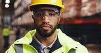 Portrait, man and goggles for logistics in warehouse with career pride, supply chain and freight. Male person, safety gear or about us for storage inspection, quality control  and distribution policy