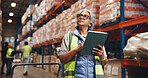 Distribution, tablet and woman in warehouse, thinking and email for shipping schedule. Mature person, solution and employee in factory, choice and logistics with digital app for inventory management