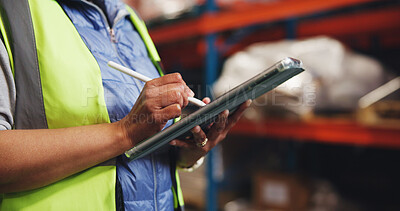 Buy stock photo Hands, tablet pen and warehouse worker with logistics management, stock check or supply chain. Technology, stylus and person in shipping industry for distribution schedule, inventory and planning