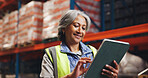 Supply chain, tablet and woman in warehouse, internet and email for shipping schedule. Mature person, tech and employee in factory, network and distribution with digital app for inventory management