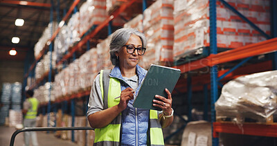 Buy stock photo Supply chain, tablet and woman in factory, internet and app for shipping schedule. Mature person, tech and employee in workplace, inventory management and distribution with inspection or logistics
