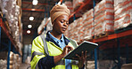 Supply chain, tablet and black woman in warehouse, inspection and email for distribution schedule. African person, logistics or tech in factory, online reading or digital app for inventory management